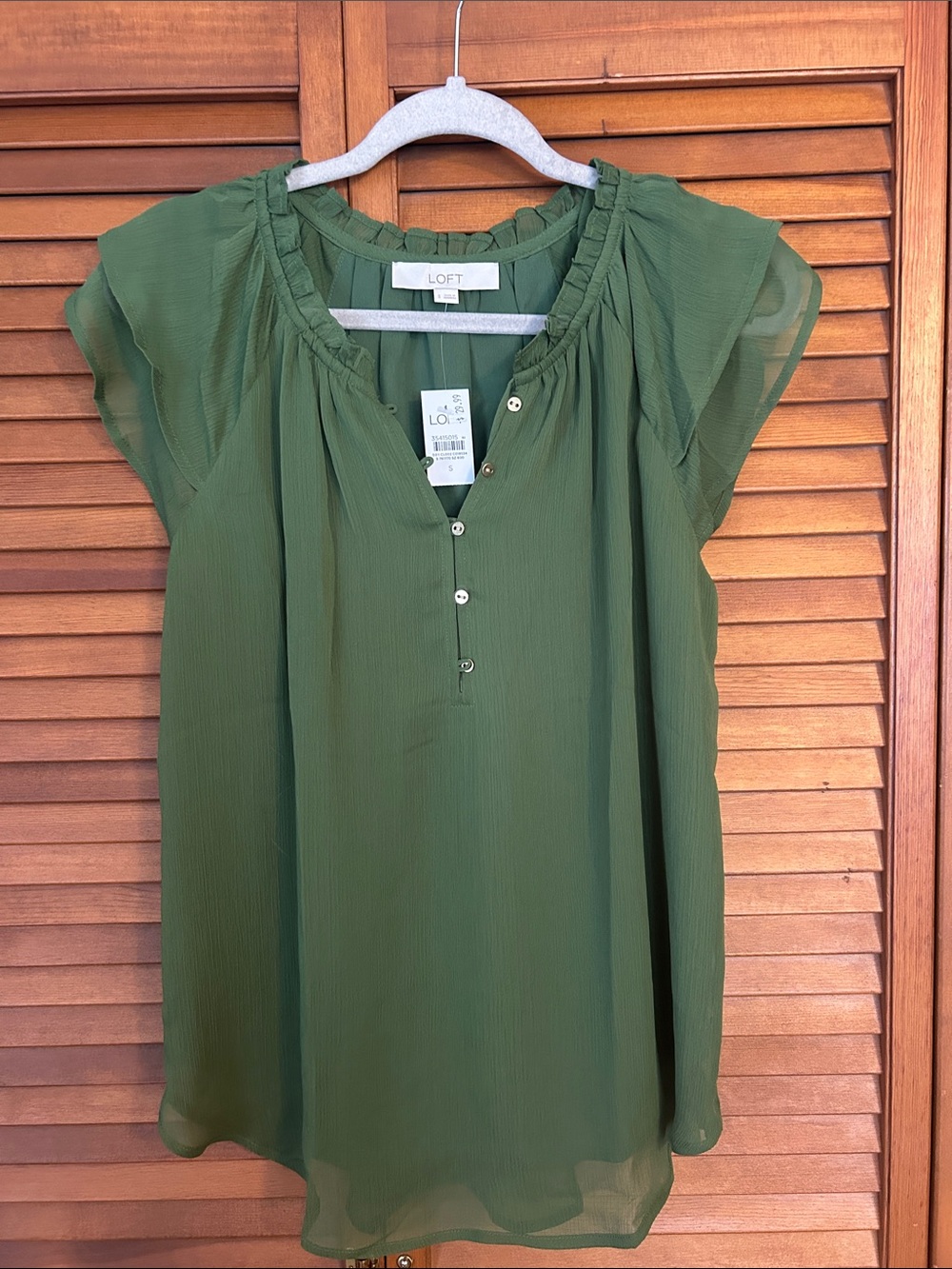 LOFT Olive Green Flutter Sleeve Peasant Top NWT